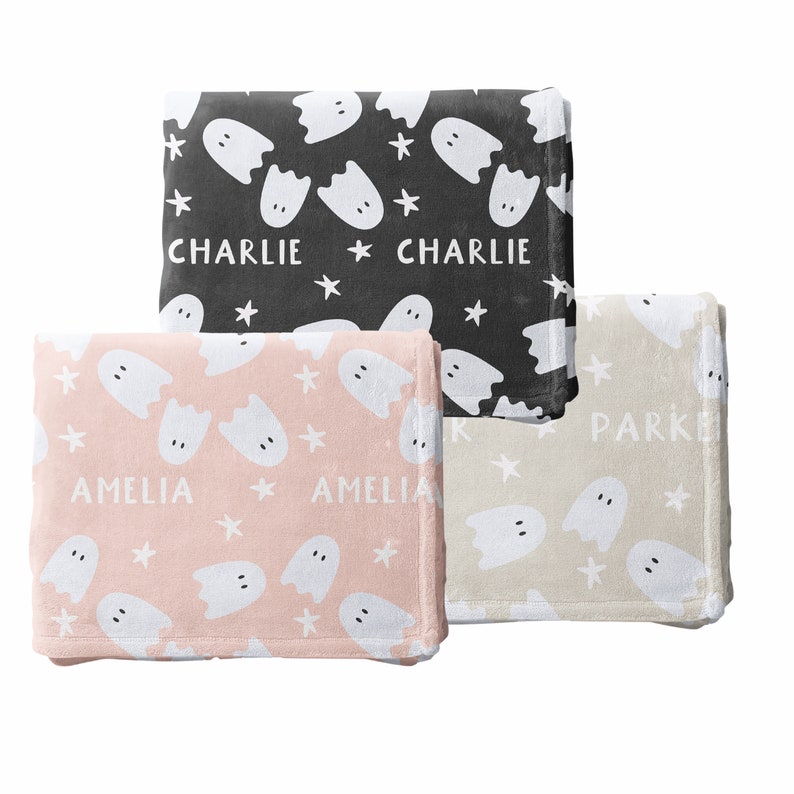 Ghost and Stars Halloween Name Blanket, Custom Name Blanket, Halloween Personalized Gift, Cute Halloween Gift, Halloween Blanket, Boy Girl image 1