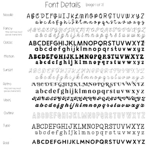 May include: Font details page 1 of 2, showcasing various font styles. The image displays different fonts, including Noodle, Fancy, Classic, Motion, Sunset, Retro, Vibes, Outline, Type, and Bold, each with uppercase and lowercase letters.