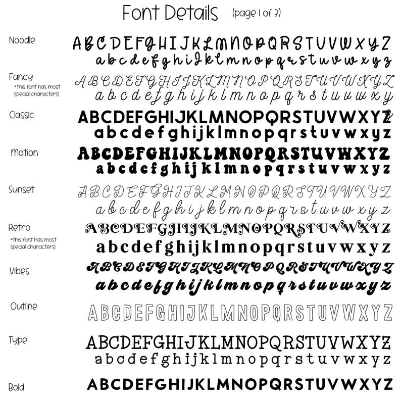 May include: Font details page 1 of 2, showcasing various font styles. The image displays different fonts, including Noodle, Fancy, Classic, Motion, Sunset, Retro, Vibes, Outline, Type, and Bold, each with uppercase and lowercase letters.