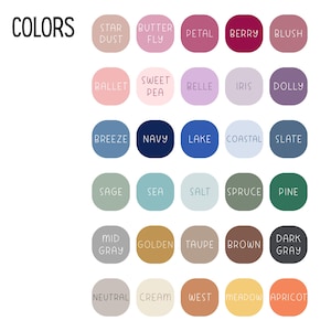May include: A colour chart with the word "COLORS" at the top. The chart displays 28 colour swatches, each with a unique name like "Star Dust," "Navy," and "Apricot." The swatches are arranged in rows and columns, showcasing a variety of hues.