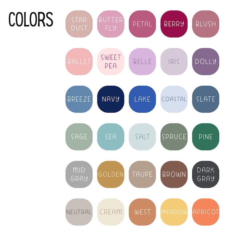May include: A colour chart with the word "COLORS" at the top. The chart displays 28 colour swatches, each with a unique name like "Star Dust," "Navy," and "Apricot." The swatches are arranged in rows and columns, showcasing a variety of hues.
