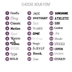 May include: A white background displays a list of 30 font styles, each with a unique name and number. The text "CHOOSE YOUR FONT" is at the top. Font styles include "Noodle", "Fancy", "Classic", "Motion", and "Sunshine".