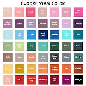 May include: A grid of 48 color swatches with names like "Powder Pink," "Navy Blue," and "Sunset Orange." The text "CHOOSE YOUR COLOR" is at the top. Each color is displayed in a square, offering a wide range of hues.