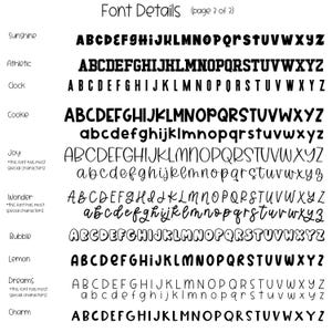 May include: A page titled "Font Details" showcasing various font styles. The fonts are displayed in uppercase and lowercase alphabets, with names like "Sunshine," "Athletic," and "Cookie." The text is black on a white background.