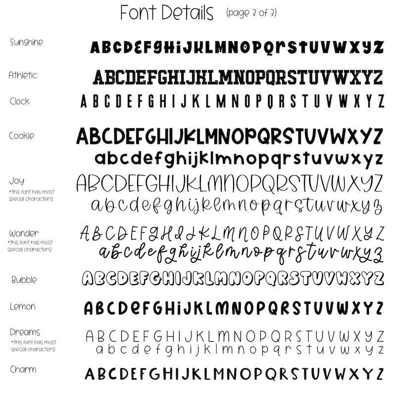May include: A page titled "Font Details" showcasing various font styles. The fonts are displayed in uppercase and lowercase alphabets, with names like "Sunshine," "Athletic," and "Cookie." The text is black on a white background.