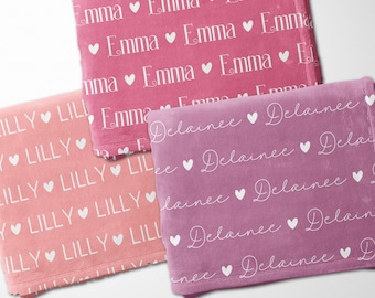 Personalized Name Minky Blanket with Hearts, Custom Baby Girl Throw, Toddler Kids Gift