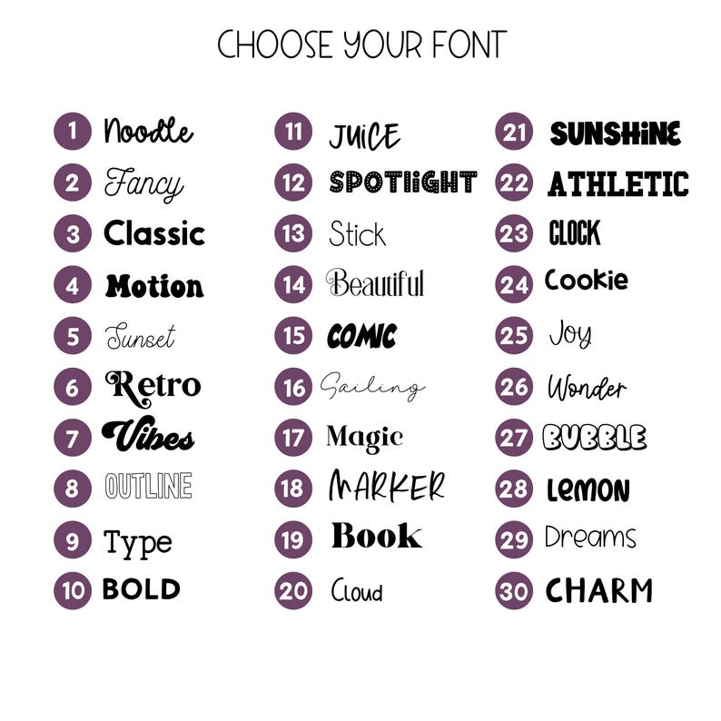 May include: A white background with the text "CHOOSE YOUR FONT" at the top. Below are 30 font options, each with a name and a corresponding number in a purple circle. Font styles include "Retro", "Comic", and "Bubble".