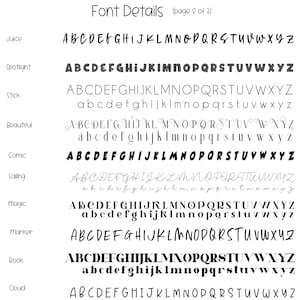 May include: A page titled "Font Details" displays various font styles. The fonts include "Juice," "Spotlight," "Stick," "Beautiful," "Comic," "Sailing," "Magic," "Marker," "Book," and "Cloud." Each font is shown with the alphabet in both uppercase and lowercase.