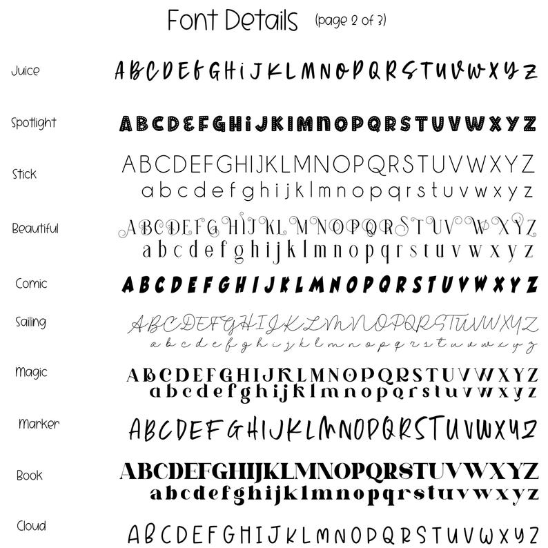 May include: A page titled "Font Details" displays various font styles. The fonts include "Juice," "Spotlight," "Stick," "Beautiful," "Comic," "Sailing," "Magic," "Marker," "Book," and "Cloud." Each font is shown with the alphabet in both uppercase and lowercase.