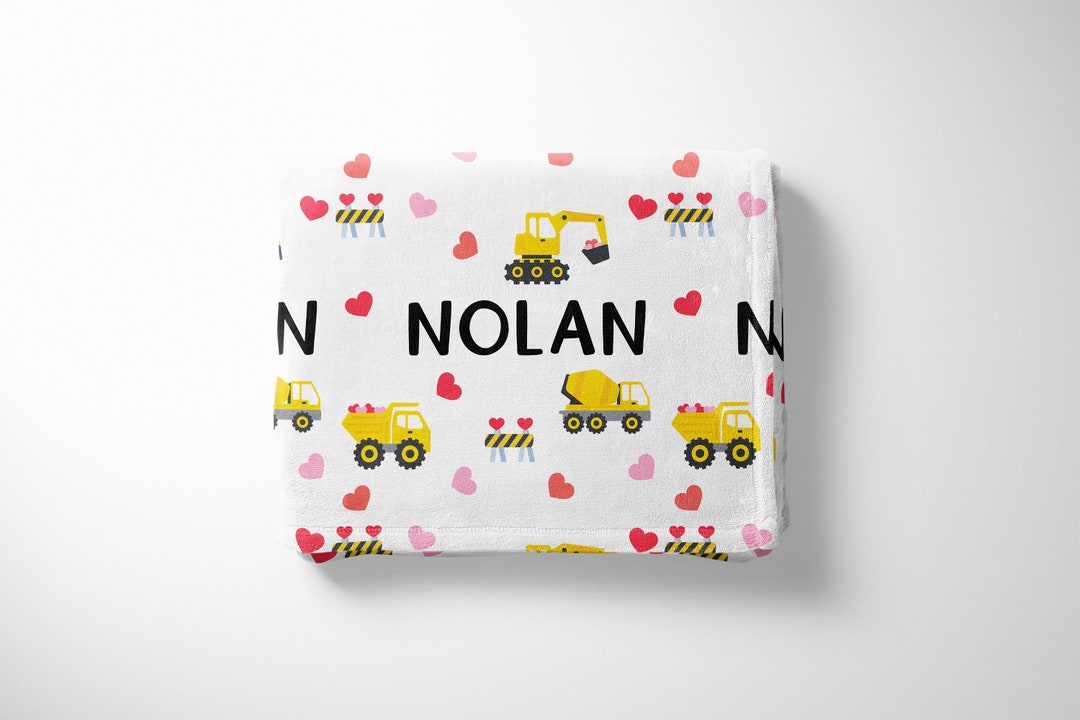 Personalized Valentines Construction Trucks Blanket, Custom Name Blanket, Valentine's Day Unique