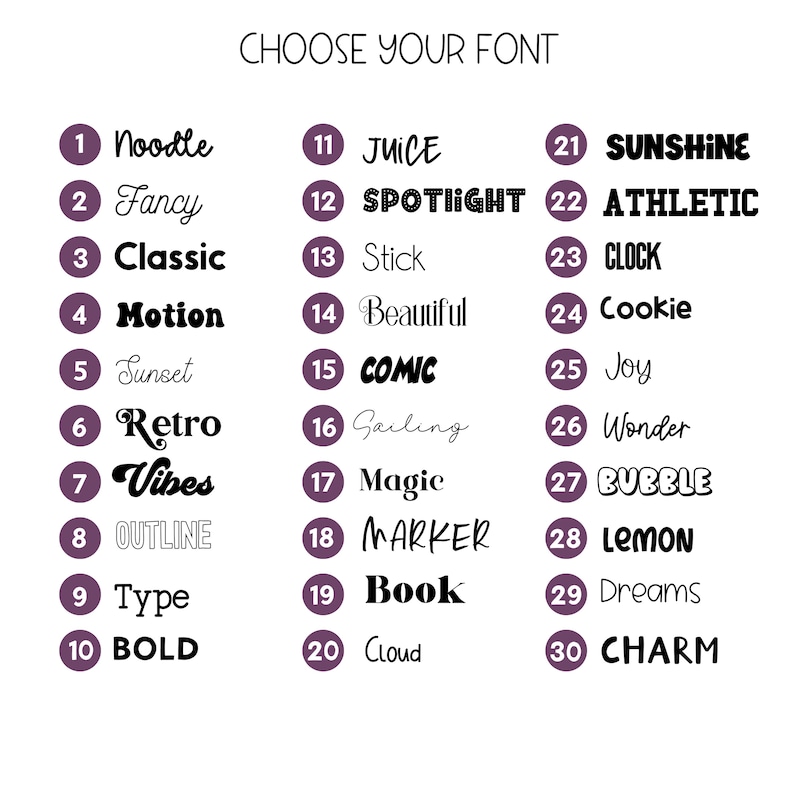 May include: A white background displays a list of 30 font styles, each with a unique name and number. The text "CHOOSE YOUR FONT" is at the top. Font styles include "Noodle", "Fancy", "Classic", "Motion", and "Sunshine".
