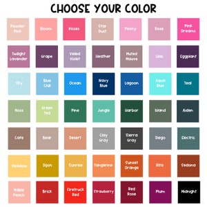 May include: A grid of 48 color swatches with names like "Powder Pink," "Navy Blue," and "Sunset Orange." The text "CHOOSE YOUR COLOR" is at the top. Each color is displayed in a square, offering a wide range of hues.