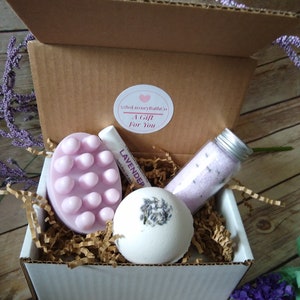Mother&#39;s Day Mini Spa Gift Set LAVENDER Bath Gift Set |4pc Spa Gift Set | Soap Gift Set - Bath Bomb Massage Bar Bath Salt Lip Balm Self Care