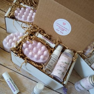 Mother's Day Mini Spa Gift Set LAVENDER Bath Gift Set |4pc Spa Gift Set Soap Gift Set - Aroma Spray Massage Bar Bath Salt Lip Balm Self Care