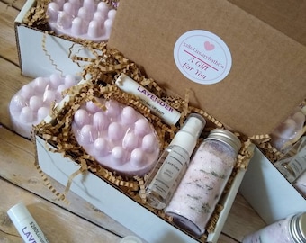 Mother&#39;s Day Mini Spa Gift Set LAVENDER Bath Gift Set |4pc Spa Gift Set Soap Gift Set - Aroma Spray Massage Bar Bath Salt Lip Balm Self Care