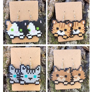 CUSTOMIZABLE CAT EARRINGS! | Cute Kitten Face Personalized Pet Memorial Perler Bead Funky Large Lightweight Statement Jewelry