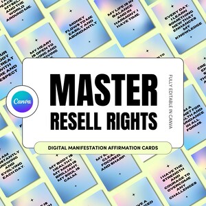 May include: A set of digital affirmation cards with a gradient background in pink, blue, and yellow. The cards feature positive affirmations such as "I am attracting abundant opportunities for my career" and "My life is in balance and in harmony. I have time." The text "Master Resell Rights" is in black text on a white background. The text "Digital Manifestation Affirmation Cards" is in black text on a yellow background.