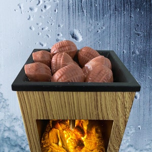 May include: A wooden sauna with a black top, filled with brown, shell-shaped objects. The sauna has a faux fireplace at the bottom, with a glowing orange light. The background is a blue, watery texture.