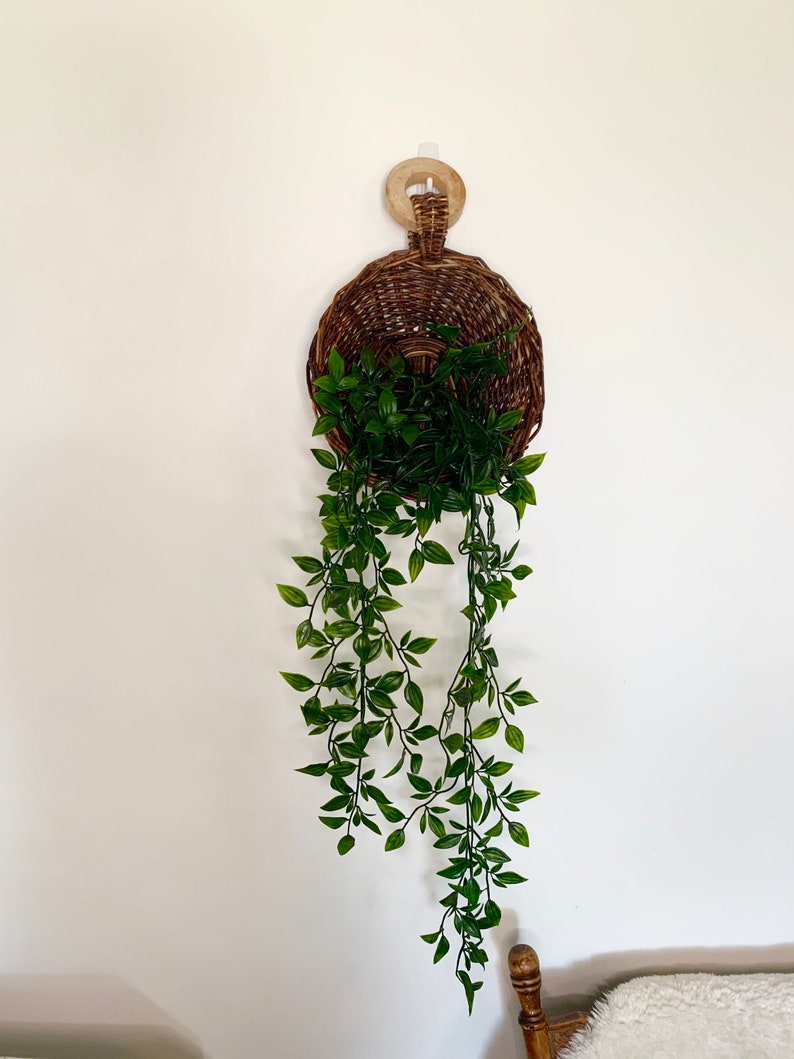 Vintage Wicker Hanging Basket With Wood Handle Wicker Plant Holder Etsy