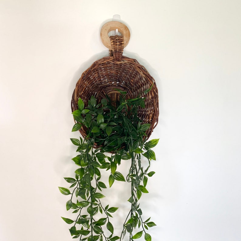 Vintage Wicker Hanging Basket With Wood Handle Wicker Plant Holder Etsy