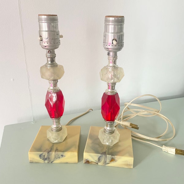 Pair of Vintage Table Lamps, Ruby Red vintage table lamps, faux marble table lamps