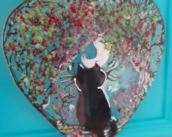 Choose your cat, heart shaped fused glass suncatcher