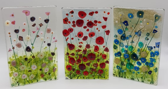 Fused glass art wild flower tealights.