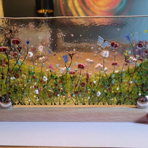 Fused Glass Wildflower Panel on Oak Stand with Red Heart Detail