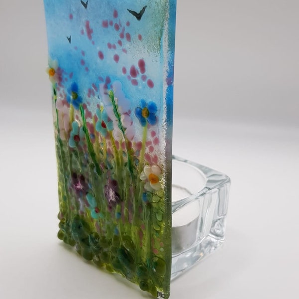 Blue sky meadow, fused glass tea light holder
