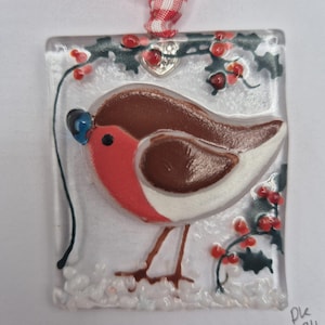 Fused glass art Christmas robin keep sake, Christmas card.