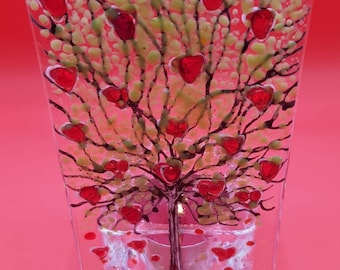 Tree of hearts, fused glass art tea light holder. Red