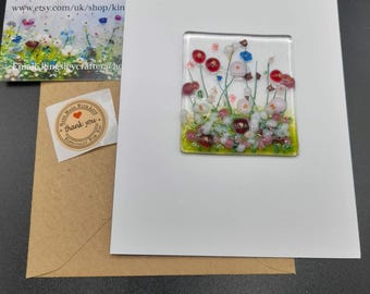 Blank card with envelope. Wild meadow hand crafted fused art glass.