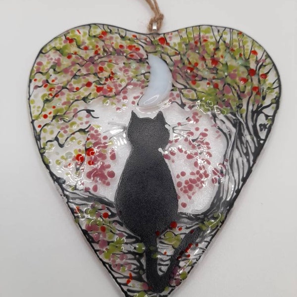 Moon and I. Black cat sun catcher. Fused glass. Heart shaped hanger.  Moon, trees. Hanging glass art. Feline decoration. Pet