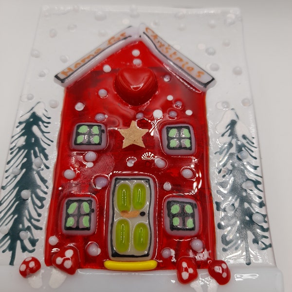 Home for Christmas, fused glass tealight holder