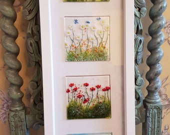 Framed floral. Fused glass picture. Glass art wall hanging. Flowers. Poppy. Daffodil. Daisy. Snowdrop. Butterfly. Four seasons. White frame.