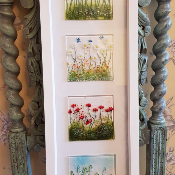 Framed floral. Fused glass picture. Glass art wall hanging. Flowers. Poppy. Daffodil. Daisy. Snowdrop. Butterfly. Four seasons. White frame.