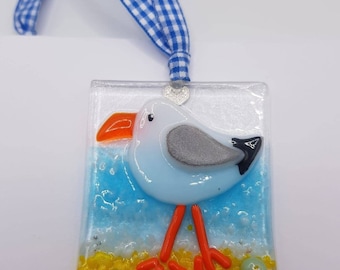 Blank card with envelope. Seagull handcrafted fused glass art card. Glass art. Blue gingham ribbon