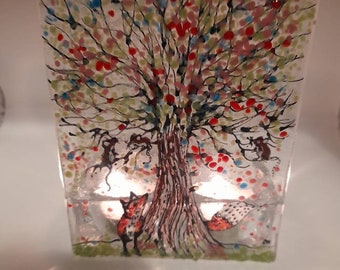 Wiley fox. Fused glass art tealight. Glass art T light. Colourful candle holder. Red orange fox. Multi coloured tree. Nature inspired. mice,