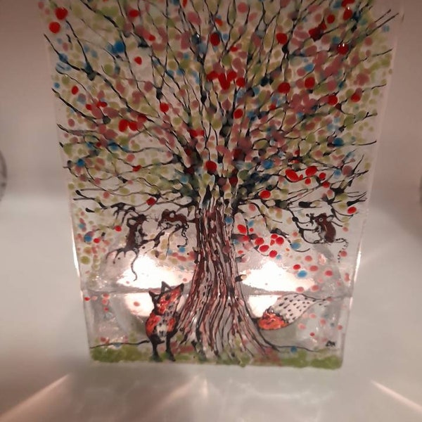 Wiley fox. Fused glass tealight. Glass art T light. Colourful candle holder. Red orange fox. Multi coloured tree. Nature inspired. mice,