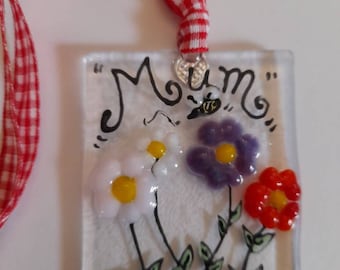Blank card with envelope. Fused glass art card for mum with keepsake suncatcher. Red gingham ribbon