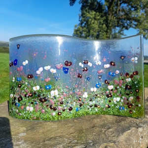Wild flower pasture - large fused glass art S curve