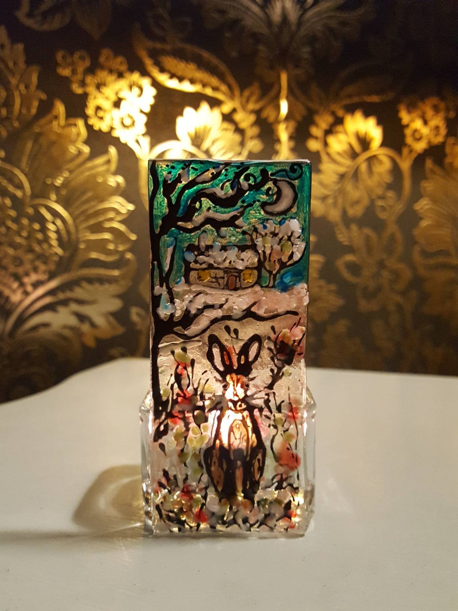 The winter hare fused glass tea light holder Etsy