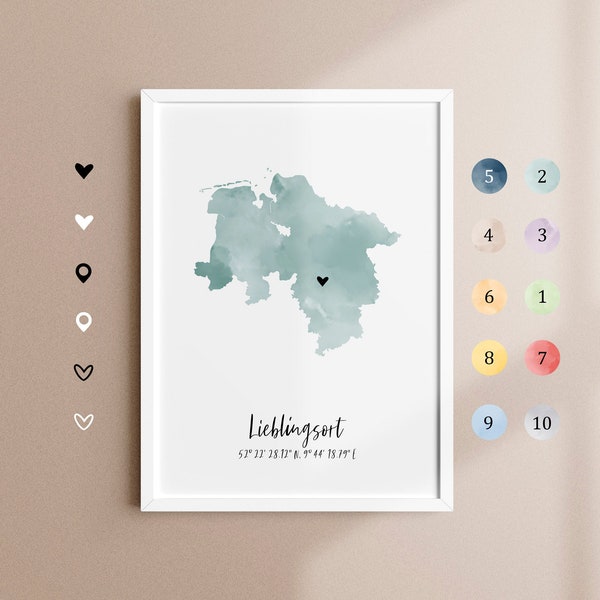 Lower Saxony map digital - personalized, coordinates, favorite place, inauguration gift, home, gift parade, artprintsisters