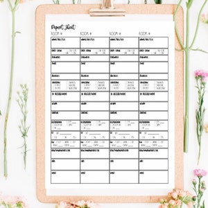 May include: A printable report sheet with four columns labeled "Room #" and rows for "Check In/Out", "Arrival", "In-Room Accessories", "Cleaning", "No. of Guests", "Room Temp", "Notes", and "Work".