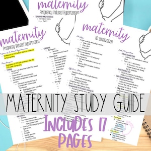May include: A pink and white study guide for maternity with the title "Maternity Study Guide" and the text "Includes 17 Pages". The guide covers topics such as pregnancy induced hypertension and Rh sensitization.