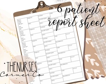 6 Patient Nursing Report Sheet, Nurses Report Sheet, Med Surg Report sheet, Minimalist Report Sheet, DIGITAL PRINT