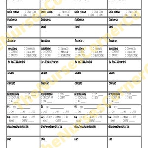 May include: A black and white printable report sheet with four columns labeled "Room #", "Name/Age/Sex", "Code Status", and "Diagnosis". Each column has a series of checkboxes for recording patient information.