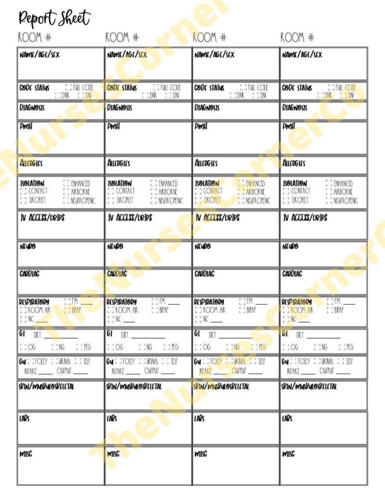 Nursing Report Sheet Double Sided Nursing Report Sheet 4 Etsy