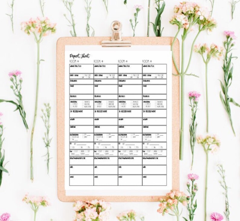 May include: A printable report sheet with four columns labeled "Room #" and rows for "Check In/Out", "Arrival", "In-Room Accessories", "Cleaning", "No. of Guests", "Room Temp", "Notes", and "Work".