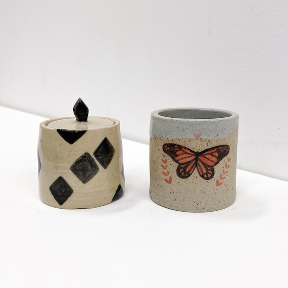 Handmade Monarch Butterfly Mug, Ceramic Black Diamond Container, Handmade Coffee Mug, Handmade Pottery, Hand Painted Mug, Hand Drawn Mug